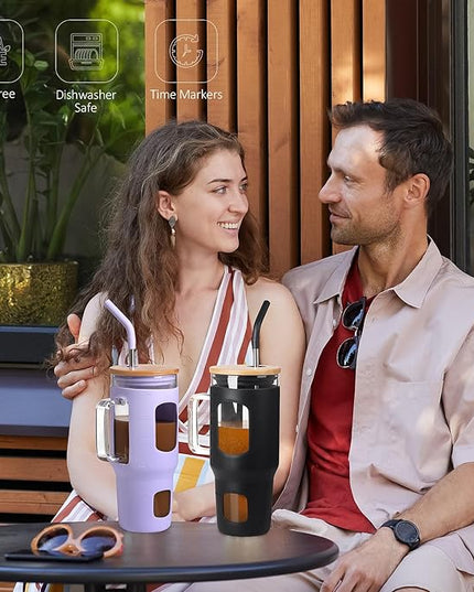 Glass Tumbler with Lid, 32 oz Glass Cup with Handle, Glass Water Bottles with Time Marker, 2 Straws - Pearl Straw & Silicone Protective Sleeve - Black