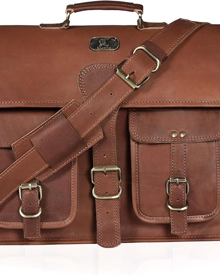 18 Inch Buffalo Leather Laptop Briefcase for Men Vintage Handmade Leather Messenger Bag for Work, Travel & Business – Rustic Brown Full Grain” Best Computer Satchel School distressed Bag