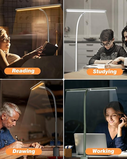 LED Desk Lamp for Office Home, Eye-Caring Desk Light with Stepless Dimming Adjustable Flexible Gooseneck, 10W USB Adapter Desk Lamp with Clamp for Reading, Study, Workbench (Grey)