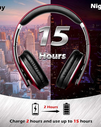 August EP650 Bluetooth Wireless Over-Ear Headphones with aptX Low Latency, NFC, Multipoint Pairing, Wired Option, Built-in Microphone - Red