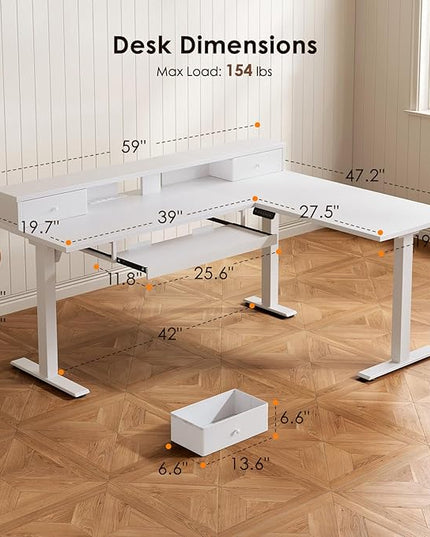 OffiGo 59 Inch L Shaped Electric Standing Desk with Drawers, Height Adjustable Corner Computer Desk with Keyboard Tray & Monitor Stand, Stand Up Table for Home Office Workstation, White