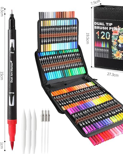 Dual Tip Markers, Brush Art Markers Set with Fine Tip and Brush Tip for Adult Coloring Book, Hand Lettering, Calligraphy & Drawing, Professional Art Supplies Kit for Adults (120 Colors)