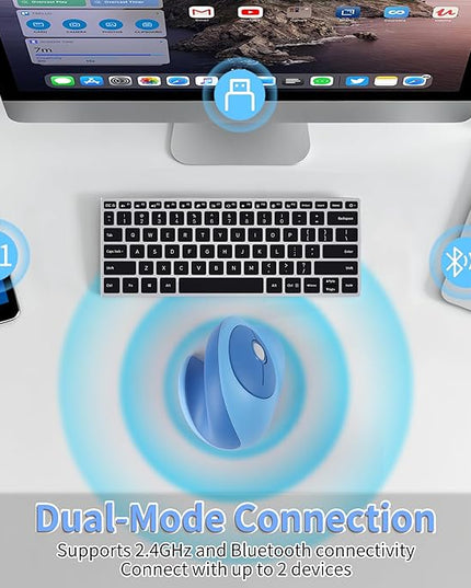 Wireless Mouse Ergonomic Vertical Mouse with Bluetooth & 2.4GHz USB Receiver 3 Buttons Rechargeable Silent Portable Optical USB Cordless Mice for Laptop PC Desktop Tablet Kids Adults Gifts (Blue)