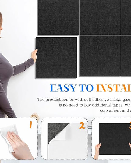 DOLLAR BOSS Felt Cork Board Tiles, 6 Packs 12" x 12" 1/2" Thick Cork Bulletin Board Self Adhesive Acoustic Panels Soundproof Corkboards for Walls with 60 Pushpins for Home Office Kitchen School, Black