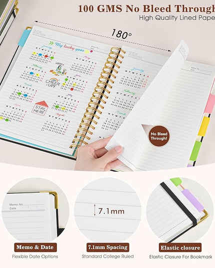 Hardcover Large Spiral Notebook 8.5" x 11" with Removable Dividers Tabs, 300 pages Leather 5 Subject Notebook College Ruled, A4 Journal for Women Men, Notebooks for Work School Note taking,Black