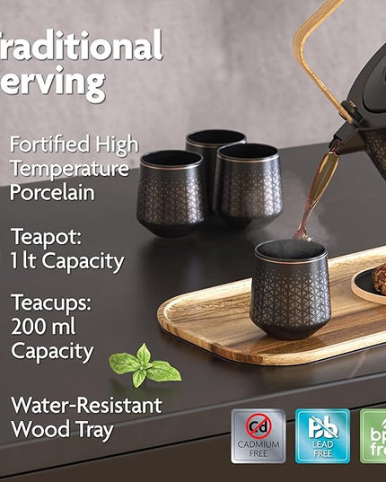 Vianté Luxury Tea Set. Electric Kettle with Infuser for Loose Leaf And Ceramic Serving Set. Teapot and Cup Set with Wooden Tray. Excellent Gift Idea For Tea Lovers.