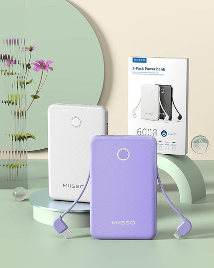 6000mah Ultra Slim Built in Cables Power Bank, Card Size Built in USB C Cords Battery Pack Portable Charger for Phones, 3 Output External Battery Pack Compatible with iPhone, 2-Pack White & Purple