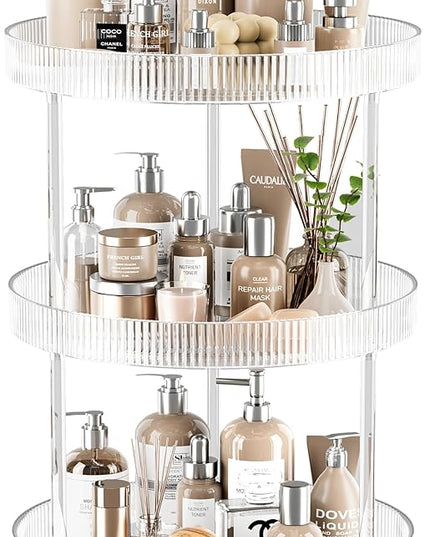 3 Tier Lazy Susan Bathroom Countertop Organizer, 360° Clear Rotating Makeup Cosmetic Perfume Storage Tray, Spinning Vanity Organizer Shelf for Bathroom Cabinet, Dresser, Kitchen(Large)