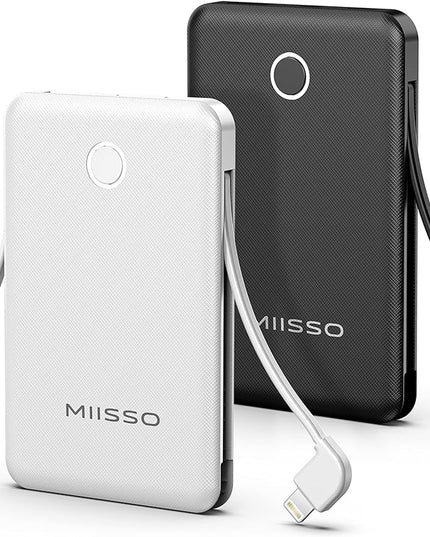 6000mah Ultra Slim Built in Cables Power Bank, Card Size Built in USB C Cords Battery Pack Portable Charger for Phones, 3 Output External Battery Pack Compatible with iPhone, 2-Pack Black & White