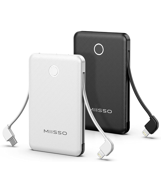 6000mah Ultra Slim Built in Cables Power Bank, Card Size Built in USB C Cords Battery Pack Portable Charger for Phones, 3 Output External Battery Pack Compatible with iPhone, 2-Pack Black & White