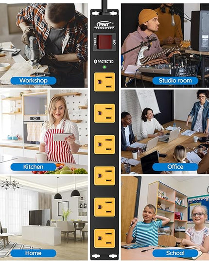 CRST 6 Outlet Surge Protector Power Strip 2100J with Switch, 15A/1875W Metal Heavy Duty Power Strip, Wide Spaced Wall Mount Power Bar for Garage Worshop Home School, 6 FT Cord（ Black+Yellow）