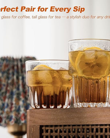 11oz Drinking Glasses Set of 4, Juice Glasses Stackable Tall Glass Mugs for Tea Iced latte Coffee Glass, Beer Glasses, Cocktail Glasses,Water glasses for bar, restaurant
