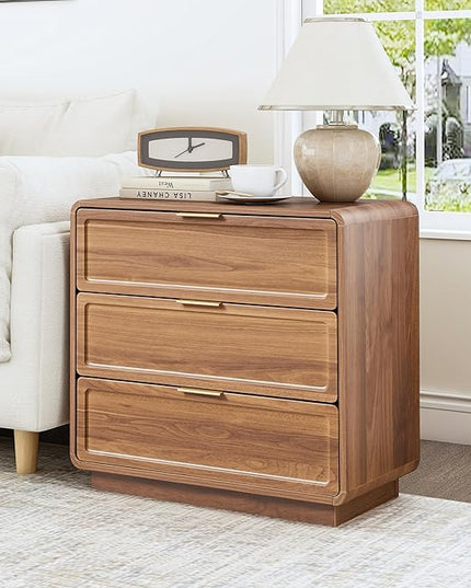 Turtle&Myrtle Modern 3 Drawer Dressers for Bedroom, 26'' Wide Wood Nightstand w/3 Storage Drawers, End Table, Dresser & Chest of Drawers with Curved Profile for Living Room Entryway, Brown