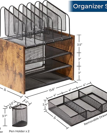 Y YOMA Wooden Desk Organizer, 4-Tier Mesh Desk Organizer with Drawer, Paper Tray & 5 Vertical File Holders, 2 Pen Holders, Desktop Organizer and Accessories for Home Office Dorm
