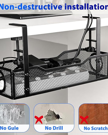 Under Desk Cable Management Tray Small – Clamp-Mounted Wire Organizer & Cord Management Under Desk Holder, No-Drill Metal Cable Tray for Home Office (Black)
