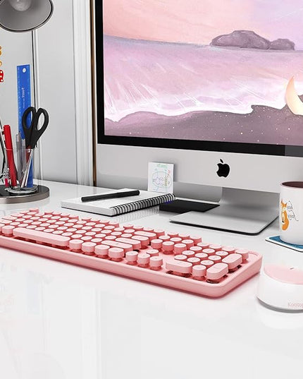 Kootop Wireless Keyboard, Cute Colorful 104 Keys Typewriter Retro Round Keycaps Keyboard for PC Laptop,Desktop,Windows, Home and Office Keyboards (Pink)