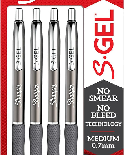 Sharpie S-Gel Gel Pens Sleek Metal Barrel Gunmetal Medium Point (0.7mm) Black Ink 4 Count