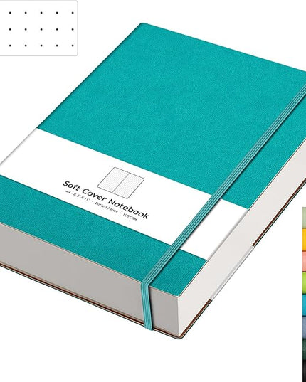 AHGXG Bullet Dotted Journal - Large A4 Notebook Dotted, 8.5''×11'', 320 Pages Dot Grid Notebook, 100gsm Thick Paper, Leather Softcover, with Journal Stencils, Inner Pocket - Cyan