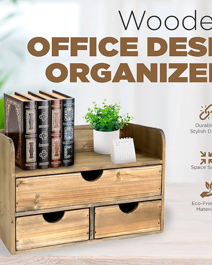 Besti Wooden Office Desk Organizer - Organizing Tool for Desktop, Cubicle, Bedroom, Kitchen - Vintage Style Organization Caddy with Top Tray Shelf & 3 Drawers - 13.6x9x7 Inches (Rustic Burnt)