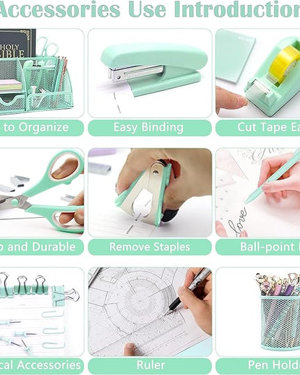 Green Office Desk Accessories Supplies, 12pcs Desk Organizers and Accessories with Tape dispenser and Stapler,Staples,Staple Remover,Pen Holder,Scissor,Ruler,Sticky Tabs,Tape,Ballpoint Pen,Clips Set