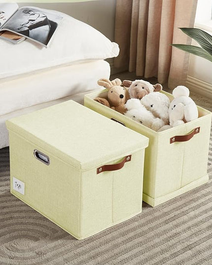 17" Large Collapsible Storage Bins with Lids, Stackable Closet Organizers with PU Handle and Labels, 3-Pack Decorative Fabric Storage Boxes for Home, Bedroom, Closet, Office, Nursery(Beige)