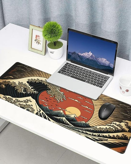 Japanese Wave Raising Sun Gaming Mouse Pad XL, Large Non Slip Rubber Mousepad, Stitched Edges Mouse Pads, Long Extended Mouse Pad,31.5'' X 11.8''