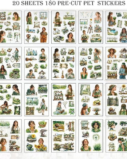 Auguro PET 20 Sheets 180 Pre-Cut Spring Journal Sticker Book for Scrapbooking People Landscape Stickers Transparent Sticker for journaling