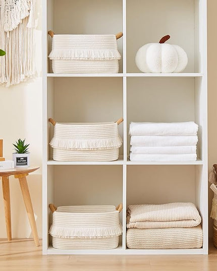 Storage Bins Woven Baskets for Storage Set of 3, Cotton Rope Basket with Handles for Toys/Shelves/Laundry, Rectangle Multi-Purpose Organizer for Living Room, Bedroom, Nursery (White)
