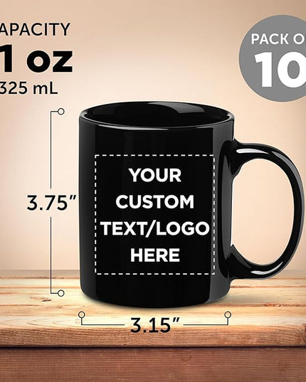 Custom Ceramic Coffee Mugs 11 oz. Set of 10, Personalized Bulk Pack - Coffee cup set, Iced coffee cup, Gaming mug - Black