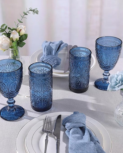 Blue Drinking Highball Beverage Glass Cup, Vintage Drinking Glasses, Colored Glassware Set for Party Wedding, Home, Office, Water, Juice, Cocktail, Highball Glasses Set of 4