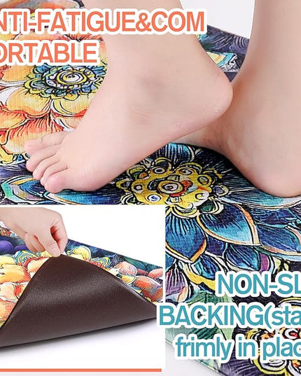Dunzy 3 Pcs Anti Fatigue Boho Floral Rugs Mats for Kitchen Floor Non Slip Cushioned Waterproof Standing Runner Anti Fatigue Memory Foam Padded Rug for Sink Laundry Home, 17 x29 17 x47, 17 x59