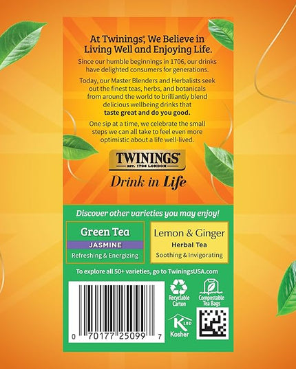 Twinings Green Tea with Lemon Individually Wrapped Bags, 20 Count (Pack of 6), Zesty Citrus Aroma & Flavour, Caffeinated, Enjoy Hot or Iced, 120 Teabags