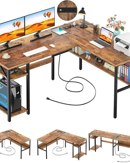 Unikito L Shaped Computer Desk with Magic Power Outlets and USB Charging Port, Sturdy Reversible Corner Desk with Storage Shelves, Modern Work Desk for Home Office, Easy to Assemble, Rustic Brown