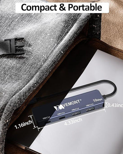 USB C Hub 3.2 10Gbps, VEMONT Aluminum USB 3.2 Hub with 2 USB-C and 2 USB-A Data Ports, Ultra Slim USB 3.2 Gen 2 Hub for MacBook Pro/Air 2022/2021, iPhone 15, iPad Pro, XPS, Surface Pro and More