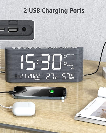 Mesqool Digital Alarm Clock, with Calendar Temperature and Humidity, Loud Volume, Dual Alarm, USB and Type-C Charging Ports, Dimmer, 12/24H, Snooze, Stylish Wood Grain Pattern Digital Clock for Décor