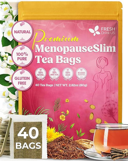 FreshDrinkUS, MenopauseSlim 40 Tea Bags – Herbal Blend with Rooibos, Dandelion Root, Matcha, Licorice, Cardamom & Black Cohosh – Smooth, Earthy Flavor – Premium Quality, Naturally Caffeine-Free Tea