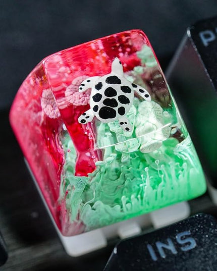 Sea Turtle Artisan Keycap Magenta Teal Coral Ocean R1 SA Profile Custom Sea Creatures Keycaps 1U ESC Handmade Gaming Resin Key Cap Cherry MX Switch Compatible Mechanical Keyboard Turtle Lover Gift