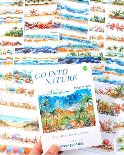 20 Sheets Seaside Landscape Pre-Cut Journaling Stickers Book for Junk Journaling, Scrapbooking, Collage, Planner, Album, Transparent PET and Washi Stickers for Adults