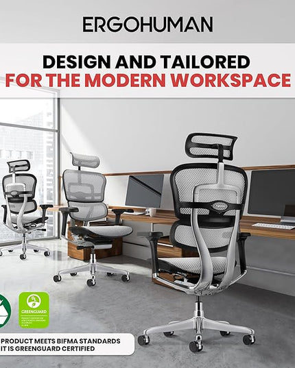 Ergohuman Eurotech ME7ERG GEN2 High Back Mesh Office Chair with Tilt Tension Control, Tilt Lock, Back Angle, Back Height, Synchro Tilt, Seat Height, Seat Depth, and Arm Height Adjustments, Grey