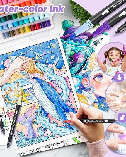 Soucolor Gifts for Women, Gift Baskets for Women Adult, 150 Colors Dual Tip Brush Markers for DIY Journal Kit Coloring Drawing Sketching, Gifts Sets Box