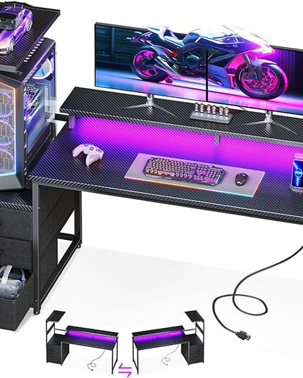 AODK 59 Inch Gaming Desk with USB Charging Ports & LED Light- Reversible Computer Desk with Storage Shelves & Monitor Stand, Modern Gamer Desk Table with Fabric Drawers & Side Hook, Carbon Fiber Black
