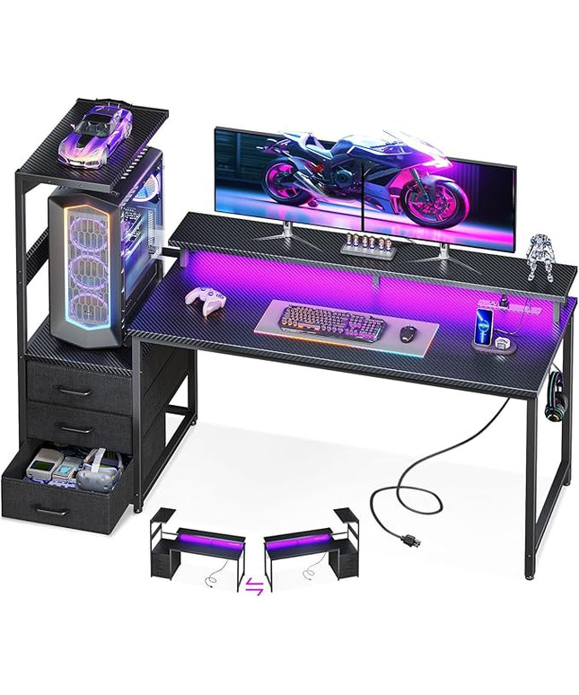 AODK 59 Inch Gaming Desk with USB Charging Ports & LED Light- Reversible Computer Desk with Storage Shelves & Monitor Stand, Modern Gamer Desk Table with Fabric Drawers & Side Hook, Carbon Fiber Black