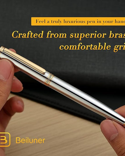 BEILUNER Silver Chrome Fountain Pen,Stunning Luxury with 24K Gold Accents, Gorgeous 24K Gilded Nib(Fine), Trustworthy Pen Gift for Men&Women -Ink Converter-Elegant, Graduation,Nice Pen for Writing