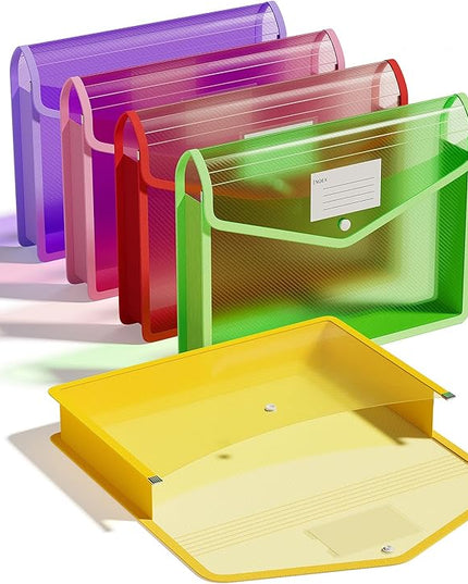ThinkTex Plastic Expanding File Folder, Transparent Envelopes with Snap Closure,Suitable for Home, Office, School and Hospital, Large Capacity，No Dividers, Dopamine-5-Color, Fit Letter/A4 Size-5 Pcs