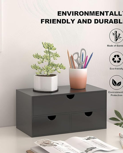 Bamboo Desk Organizer with Drawers Desktop Storage Drawers for Bills Office Supplies Kitchen Utensils Organizing Tool for Home Classroom Organization No Assembly (Black)