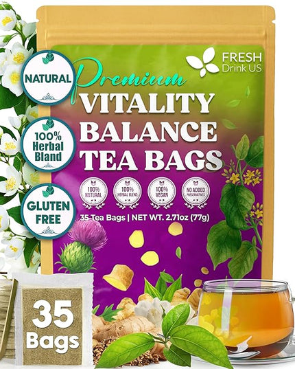 FreshDrinkUS, Vitality Balance Tea Bags | 30 Count | Herbal Blend with Gymnema, Milk Thistle Seed, Fenugreek, Dandelion Root, Ginger, Orange Peel & Other Herbs – 100% Natural, Caffeine-Free Herbal Tea