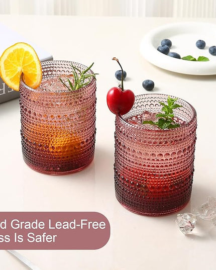 Vintage Glassware Drinking Glasses Set of 6,12 oz Hobnail Glass Cups,Embossed Purple Water Tumbler,for Beer,Cocktail,Whiskey,Juice and Various Mixed Drinks- 1 Cleaning Brush
