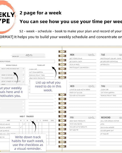 Undated Weekly Planner with Metal Corner Hardcover Notebook , A5 Size Journal with To Do List Planner, Habit Tracker,Weekly Goals for ADHD,Student, Office, Women, Men ,Gifts,6 x 8 inches，Spiral Bindding ,Beige