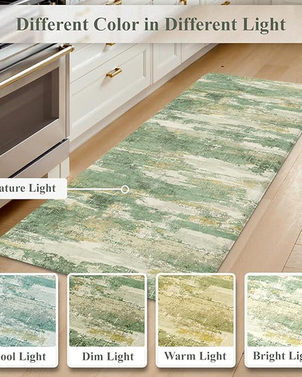 Collive Anti Fatigue Mats for Kitchens Floor, Abstract Non Skid Kitchen Rugs Sets of 2 Green Modern Standing Mat, Foam Cushioned Comfort Carpet for Office, Sink, Home Decor, 17"x59"+17"x29"