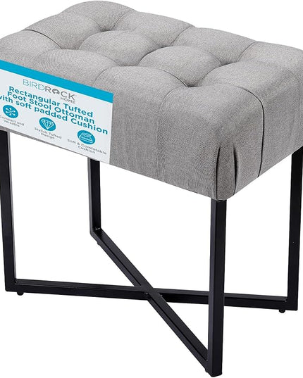 BIRDROCK HOME Rectangular Tufted Foot Stool Ottoman with Soft Padded Cushion - Versatile Vanity Chair for Bedroom, Living Room, Bathroom - Compact Seating for Adults - Grey with Black Metal Legs